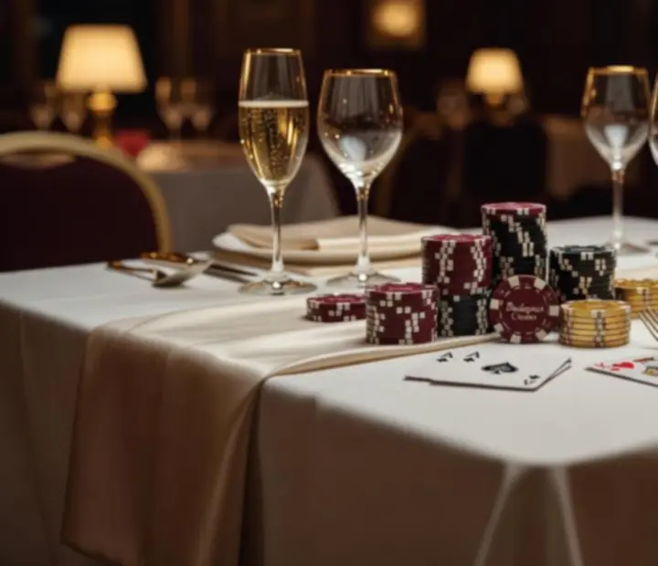 Elegáns kaszinó tematikájú asztaldekoráció champagne árnyalatokkal és hangulatvilágítással