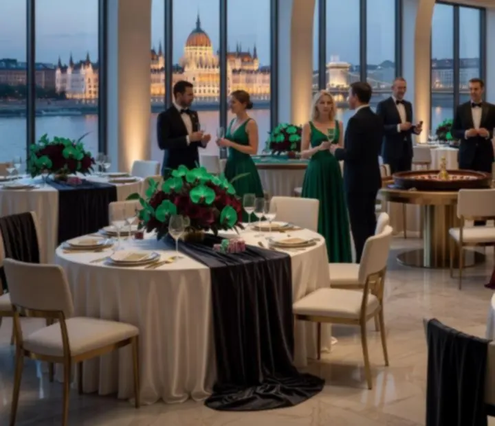 Elegáns kaszinó tematikájú rendezvényterem pókerasztalokkal és rulettasztallal