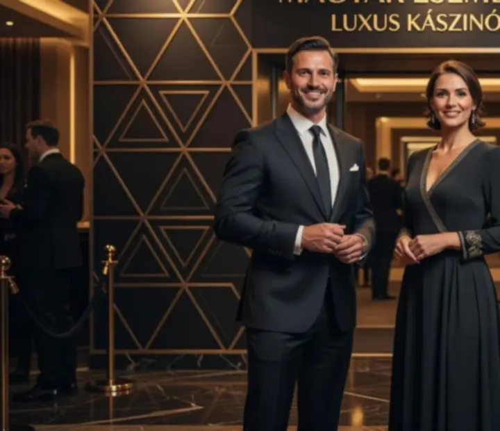 Elegáns ruhába öltözött házigazdák és krupié kaszinó tematikájú rendezvényen